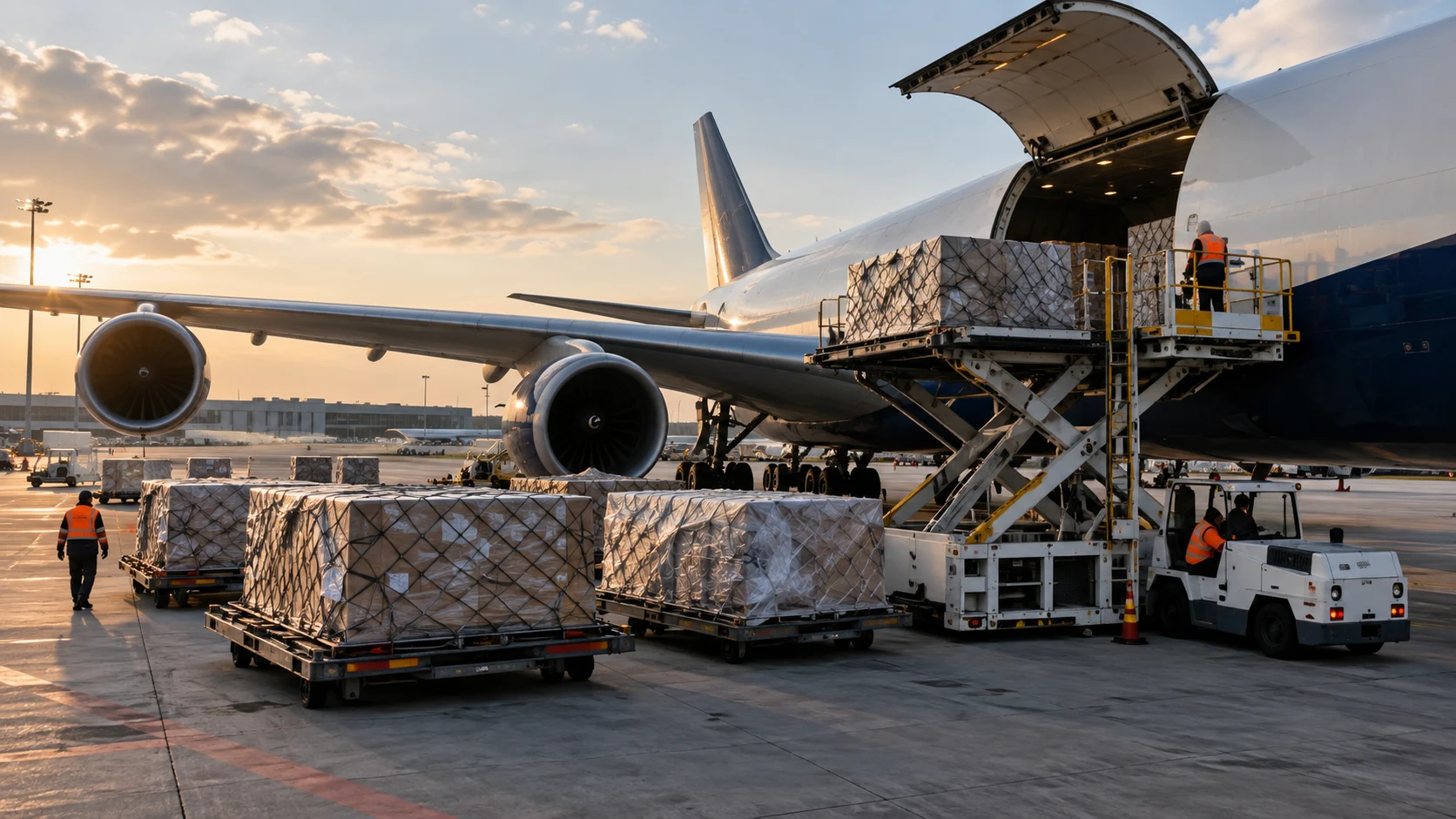 Cargo aircraft and freight pallets at an airport