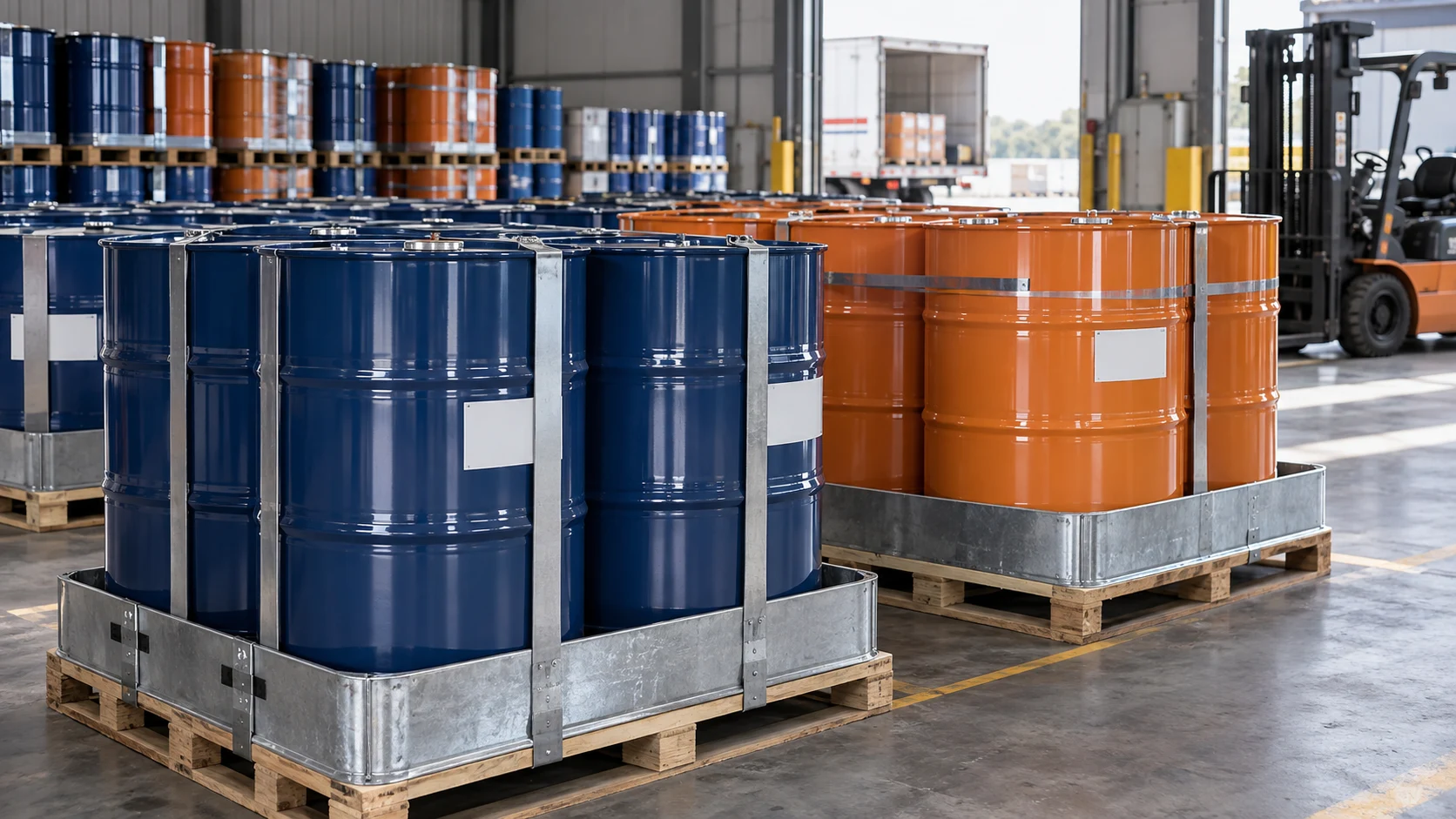 Secured industrial drums prepared for specialised freight handling