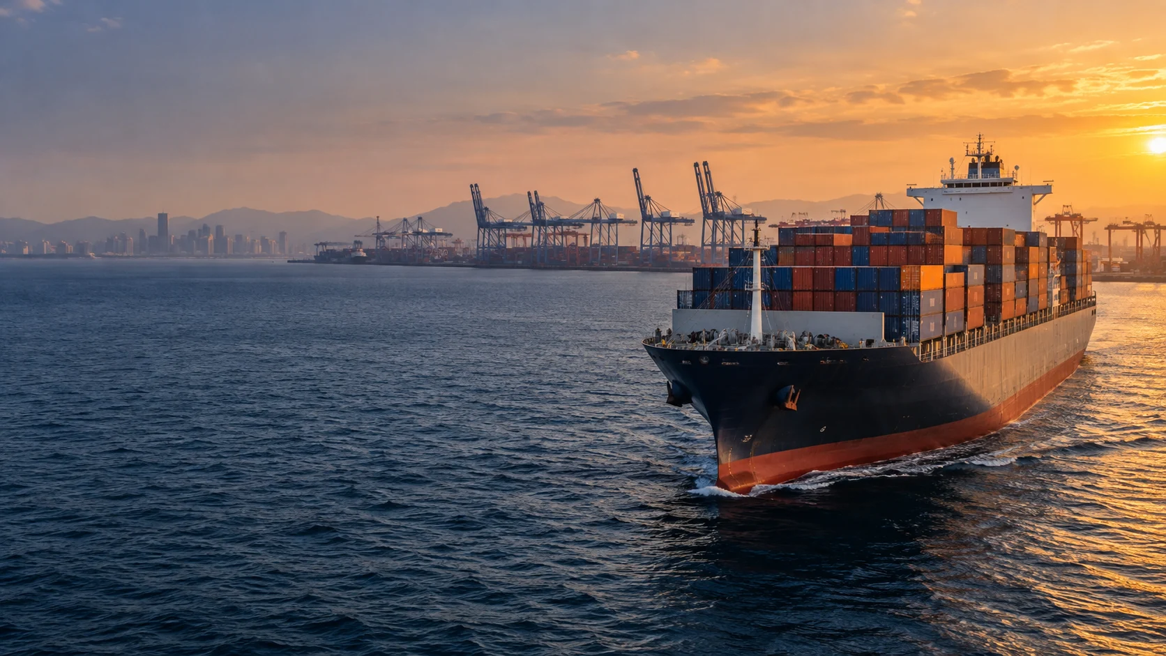 Container vessel approaching an international shipping port